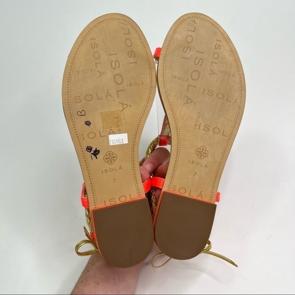 NEW Isolá Bright Neon Coral Cleopatra Gold Braided Tie Back Thong Sandals - Picture 12 of 14